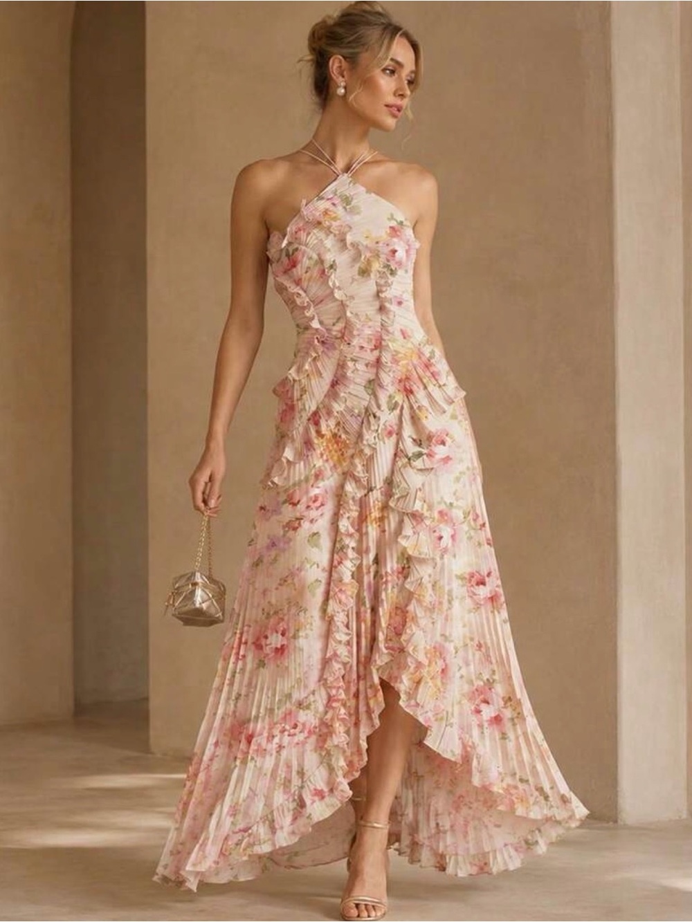 Pink Floral Halter Ruffle High-Low Dress - Picture 2 of 4
